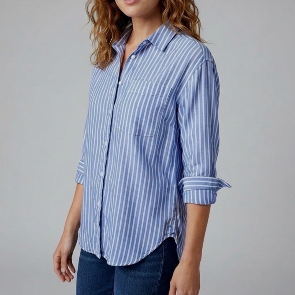 Lola River Womens Blue White Striped Tencel Lyocell Button Down Shirt Large‎